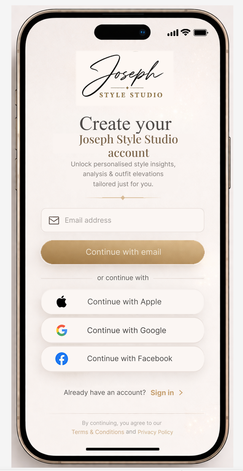 Create Joseph Style Studio account screen